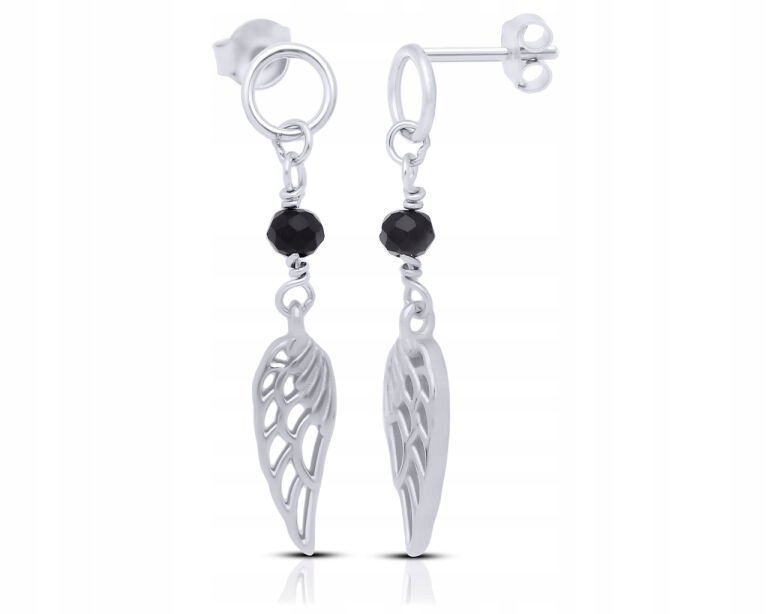 Kolczyki srebrne wiszące skrzydła czarne cyrkonie sztyfty pr.925