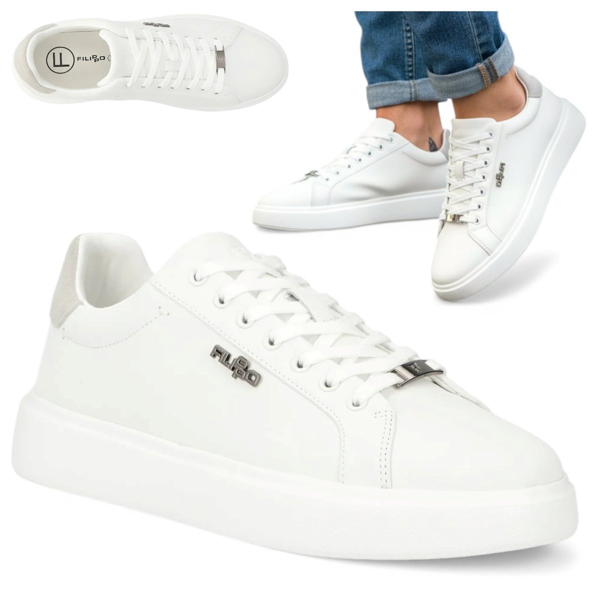 Męskie Sneakersy SKÓRZANE FILIPPO Wygodne Półbuty Sportowe Białe 44