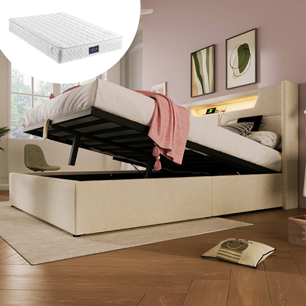 Łóżko tapicerowane Sweiko 140x200cm Łóżko podwójne LED z funkcją ładowania przez USB typu C, łóżko do przechowywania Rama łóżka wykonana z materiału lnianego Łóżko młodzieżowe (z materacem)