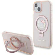 Etui i futerały do telefonów - Oryginalne Etui IPHONE 13 / 14 / 15 Hello Kitty Hardcase Ring Stand Glitter Electrop Logo MagSafe (HKHMP15SHRSGEP) różowe - miniaturka - grafika 1