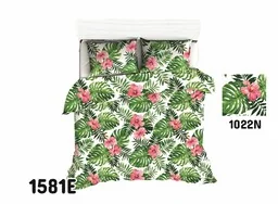 Extrapościel Pościel bawełniana 160x200 1581E biała liście zielone palmy kolorowe kwiaty 1022N - Pościel - miniaturka - grafika 1