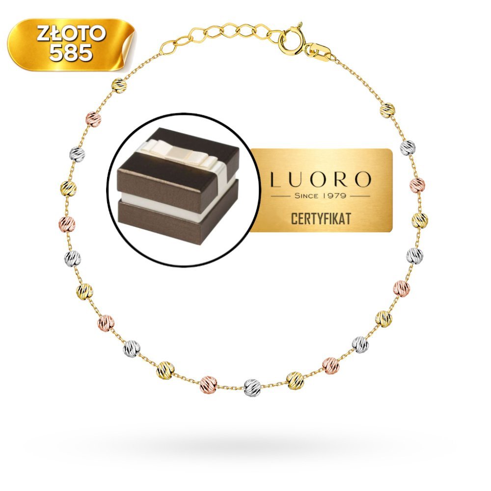 BRANSOLETKA ZŁOTA 585 14K TRICOLOR DIAMENTOWANE KULECZKI 17 CM REGULOWANA