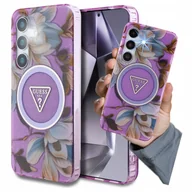 Etui i futerały do telefonów - Guess Etui Glitter Flowers Triangle Buttons MagSafe do Galaxy S25, fioletowe - miniaturka - grafika 1