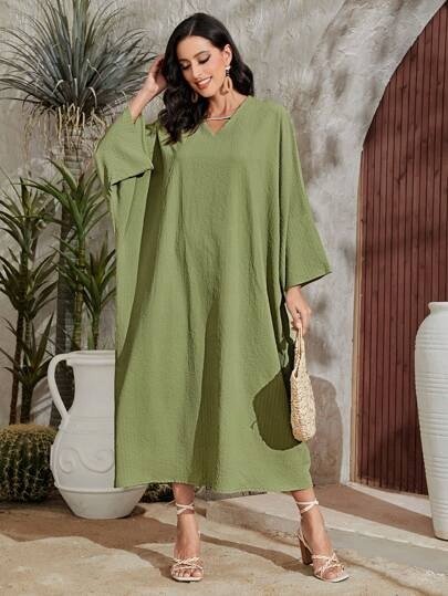 PROSTA ZIELONA SUKIENKA Z DŁUGIM RĘKAWEM MIDI ŁŁQ