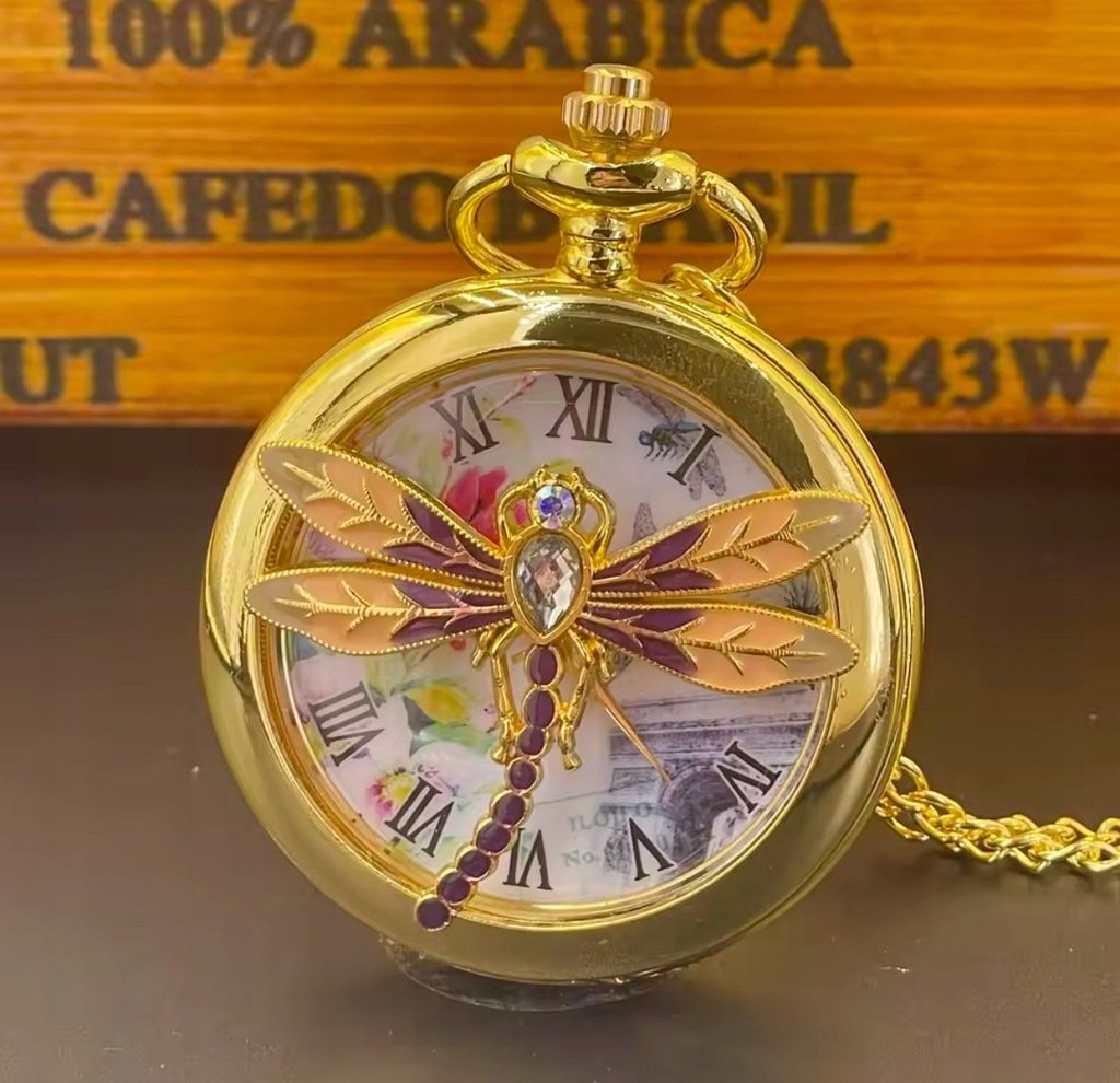 Naszyjnik łańcuszek Z Zegarem Zegarkiem Ważka Dragonfly Zegar prezent Y2K