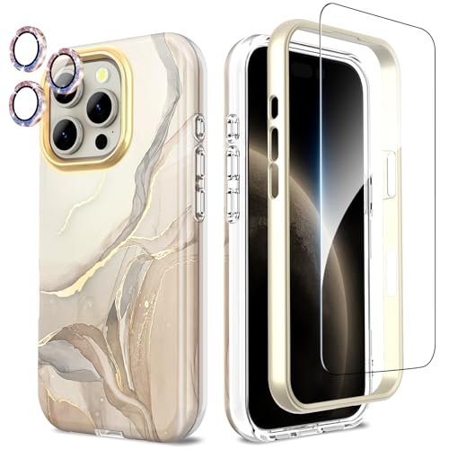 SHEDEER Etui na iPhone'a 16 Pro z osłoną aparatu + osłoną ekranu + zderzakiem, błyszczące, stylowe, TPU, odporne na wstrząsy, ochrona 360°, etui iPhone 16 Pro (6,3 cala), beżowe