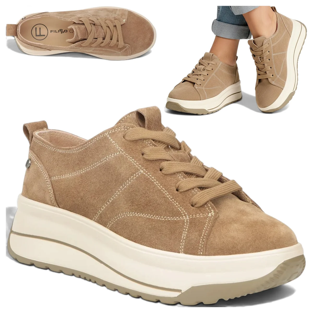 Sneakersy Damskie SKÓRZANE FILIPPO Sznurowane Półbuty na Platformie Beż 38