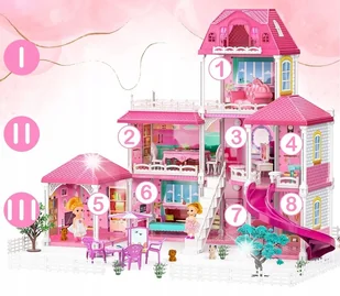 DUŻY DOMEK DLA LALEK WILLA MEBLE LALKI PIESKI TARAS PLAC ZABAW ZJEŻDŻALNIA - Domki dla lalek - miniaturka - grafika 1