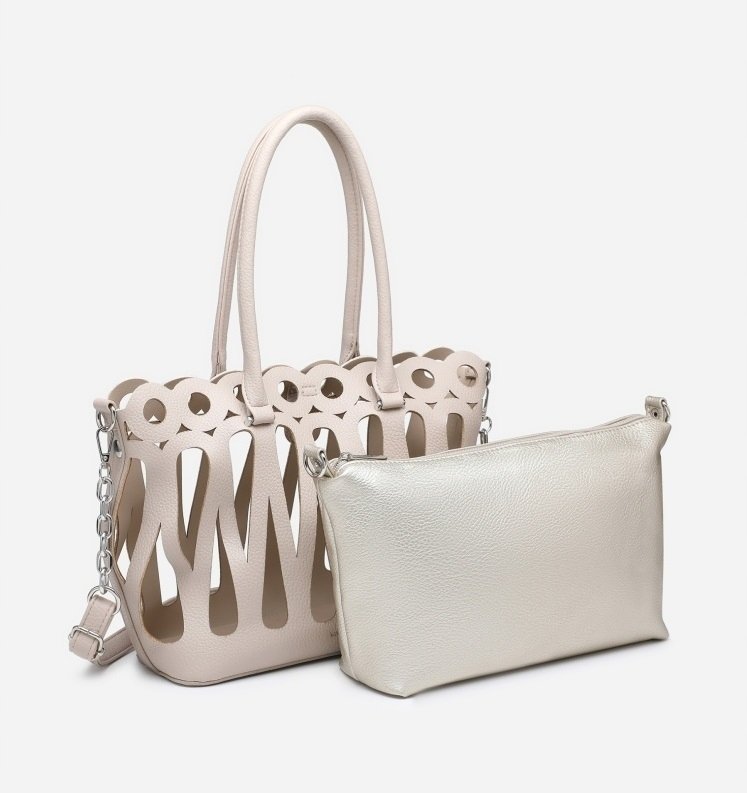 Torebka Damska Ażurowa Elegancka Kremowa Shopper Na Ramię LUIGISANTO