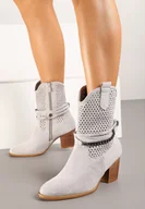 Botki damskie - Szare Ażurowe Botki Vices na Obcasie Ozdobione Paskami Mirfedi - miniaturka - grafika 1