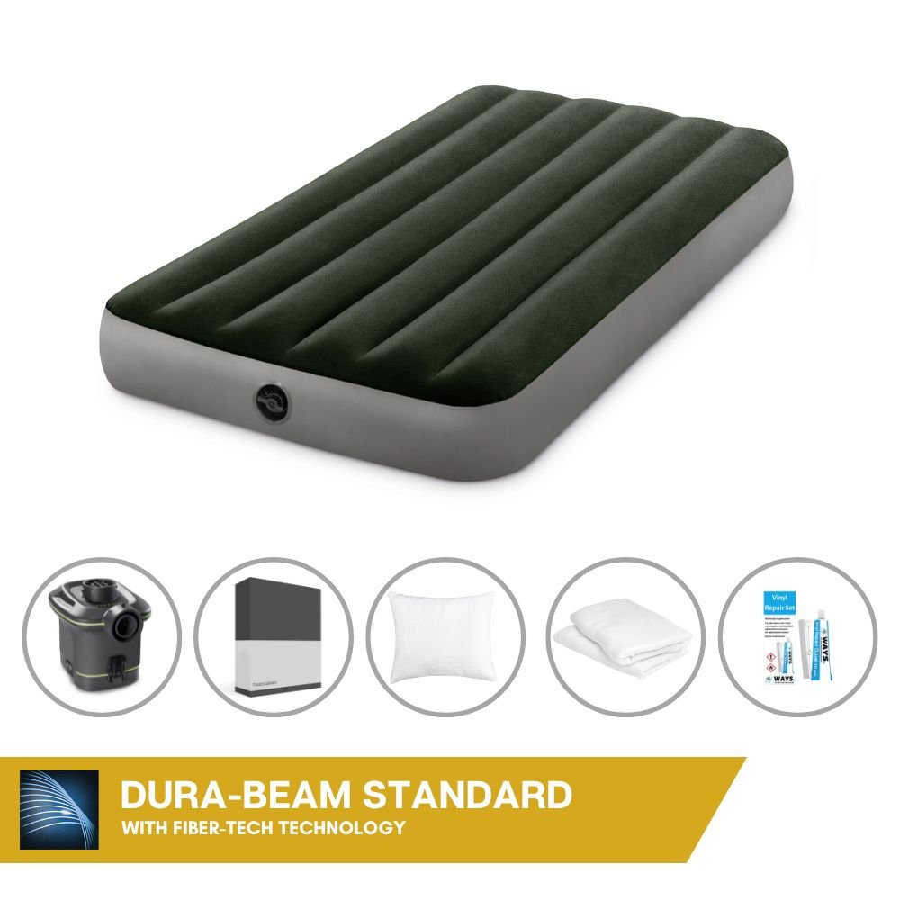 Dmuchane łóżko Intex - 1 osoba - 99 x 191 x 25 cm - Zielony - Z pompką + prześcieradło czarne + poduszka + poszewki Molton 2 w 1 + zestaw naprawczy