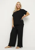 Komplety damskie - Czarny Komplet z Bawełną Bluzka z Marszczeniem i Szerokie Spodnie Jenindriela - miniaturka - grafika 1