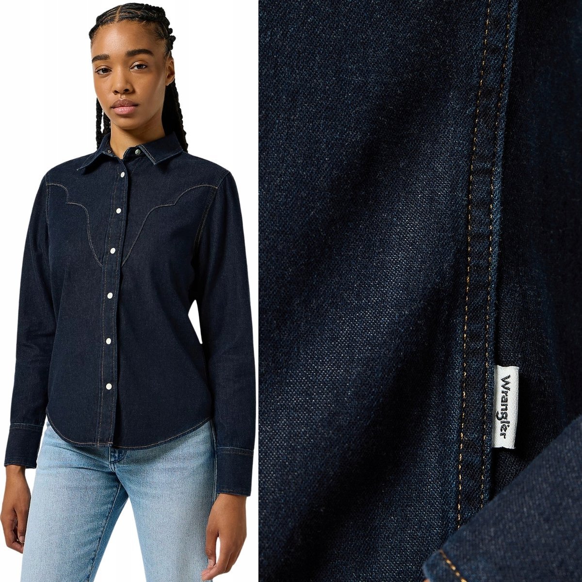 Wrangler Slim Yoke Shirt Granatowa Damska Dopasowana Koszula Jeansowa Xs
