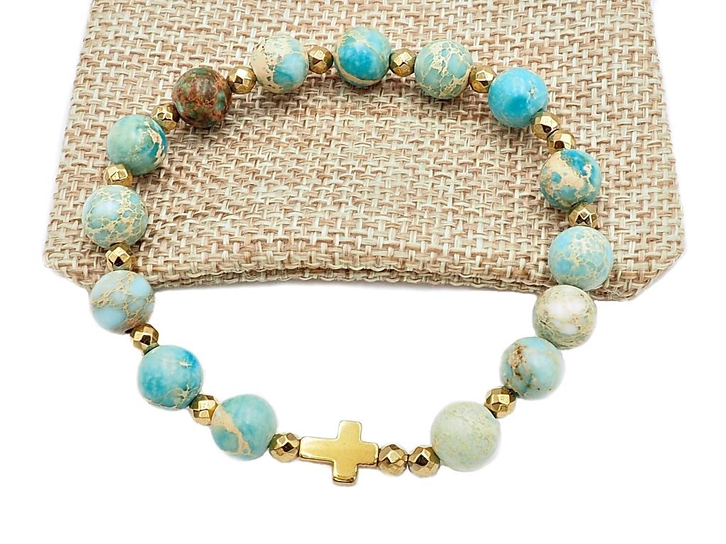Bransoletka różaniec na rękę jaspis cesarski turkusowy