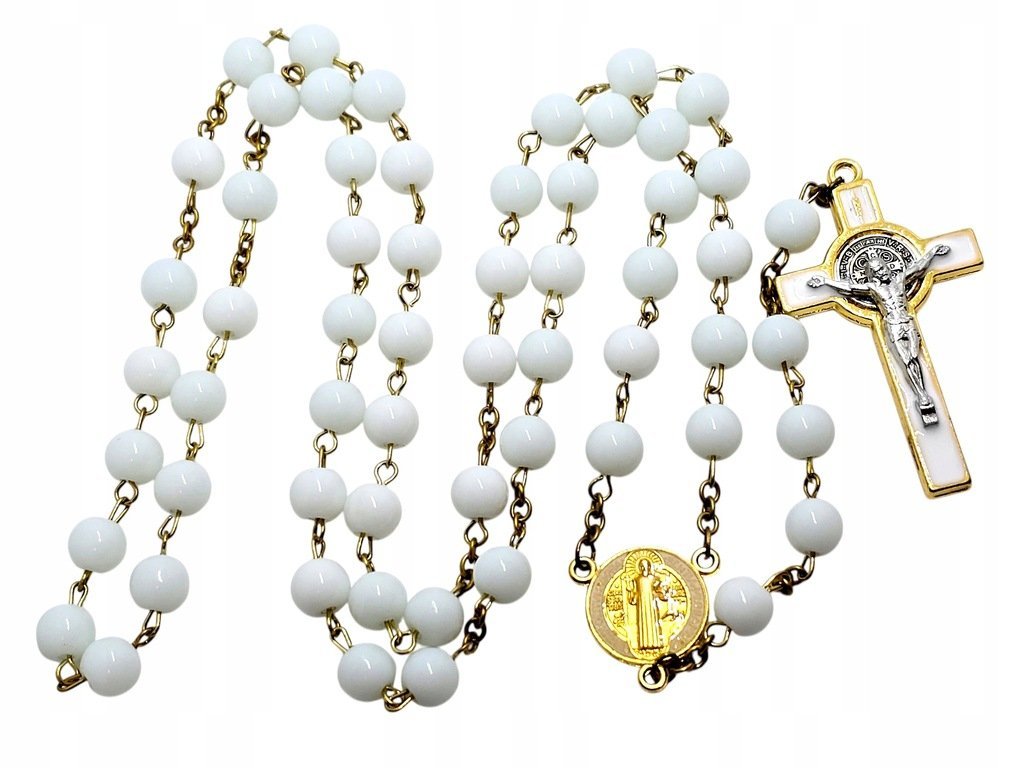 Różaniec szklany Benedykt biały R169-1B