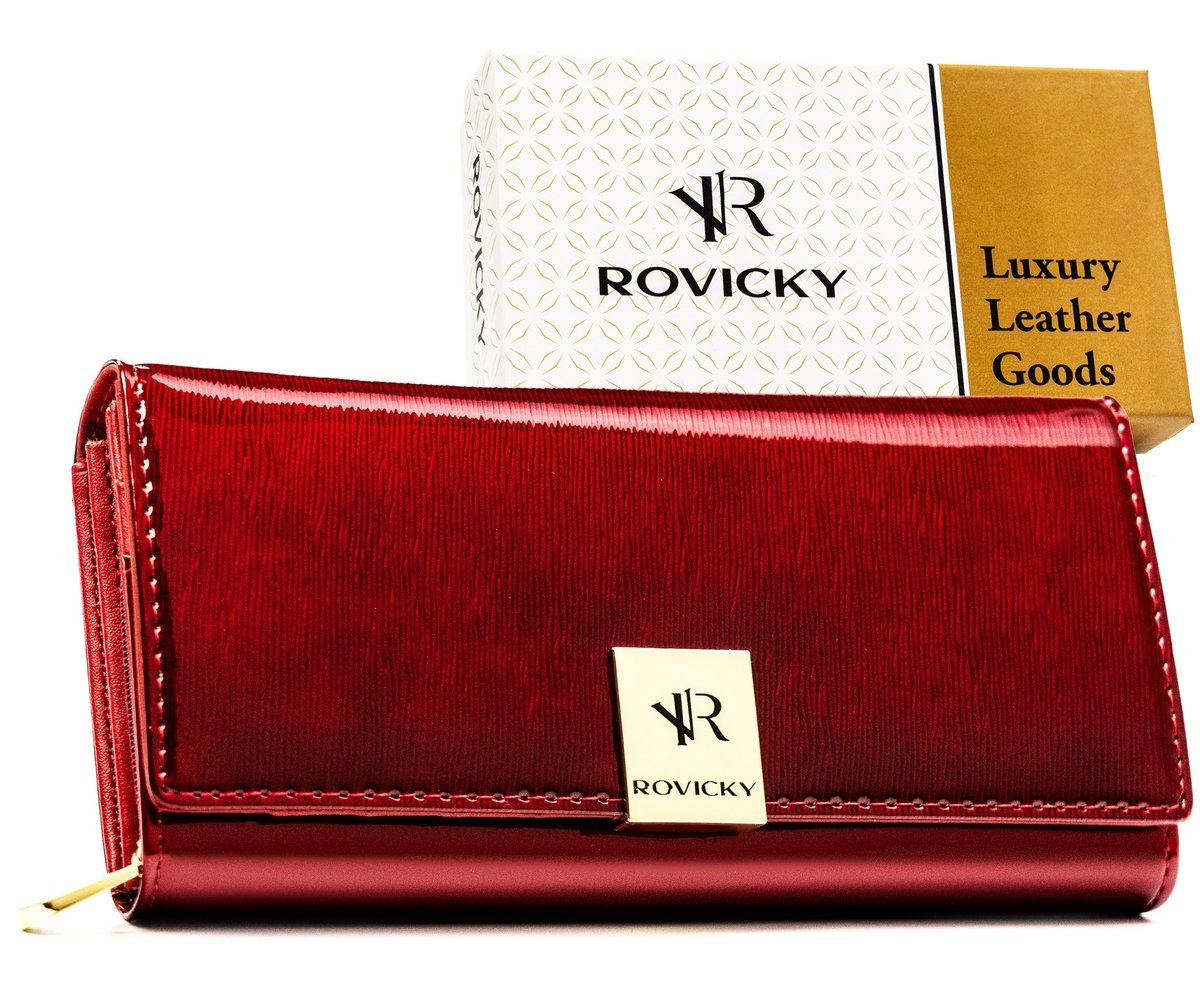 Duży portfel damski skórzany ROVICKY czerwony lakierowany rozbudowany rfid stop na karty