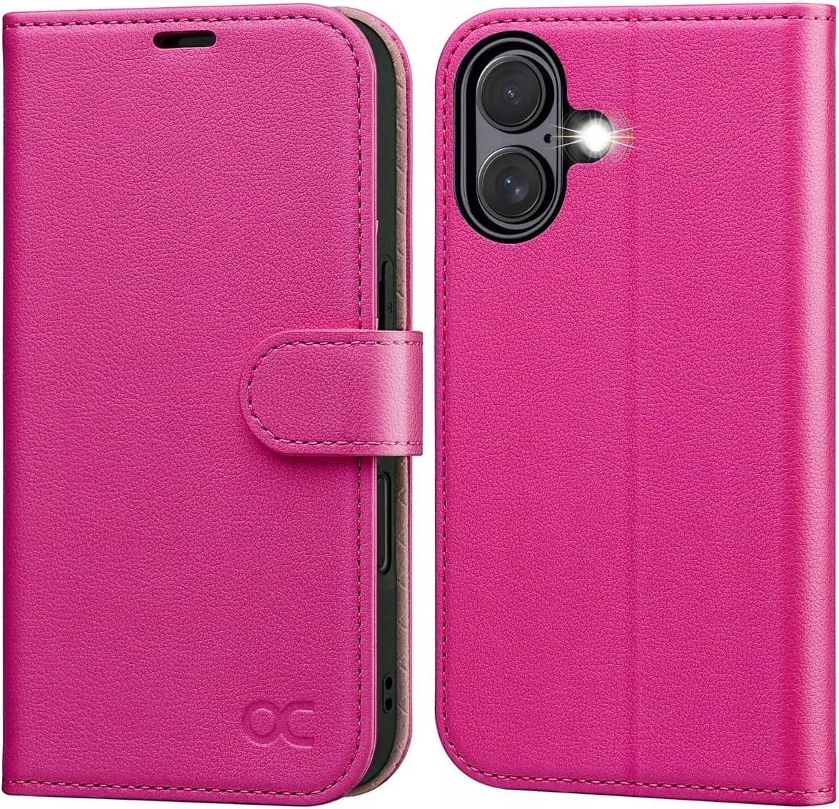 Ocase etui skórzane do iPhone 16 Plus z klapką Rfid portfel ciemny róż