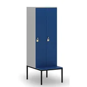 Szafy biurowe - Drewniana szafa ubraniowa z ławką, 2-drzwiowa, 1871 x 600 x 500/800 mm, zamek obrotowy, szary/niebieski - miniaturka - grafika 1