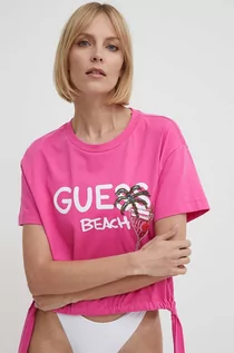 Koszulki sportowe damskie - Guess t-shirt plażowy bawełniany kolor różowy E4GI03 I3Z14 - grafika 1
