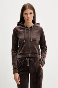 Juicy Couture bluza welurowa damska kolor brązowy z kapturem gładka JCWAS225306 - Bluzy damskie - miniaturka - grafika 1