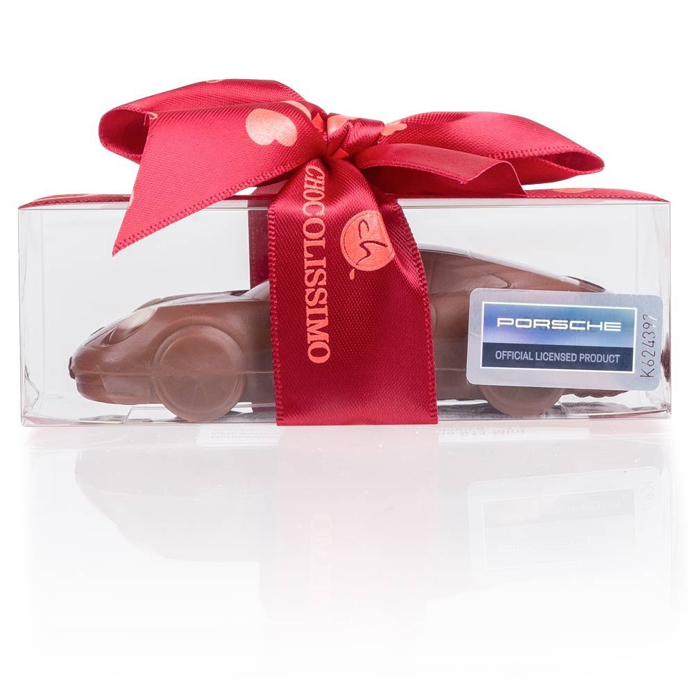 Świąteczne Porsche 911 z mlecznej belgijskiej czekolady w przeroczystym pudełeczku ze wstążką w serduszka licencją mini figurka 3D romantyczny preze..