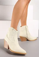 Botki damskie - Beżowe Kozaki Kowbojki na Słupku z Przeszyciami Weava - miniaturka - grafika 1