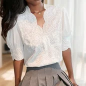 Koszule damskie - Koszula damska wyszywana z bufiastymi rękawkami - Biały - miniaturka - grafika 1