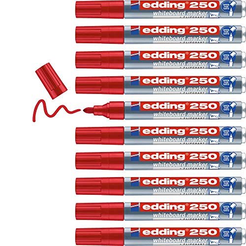 edding 250 Marker do tablic - czerwony - 10 długopisów - okrągła końcówka 1,5-3 mm - flamaster wymazywalny - do białych tablic, magnetycznych, memo i sztalugów konferencyjnych - szkicowników -