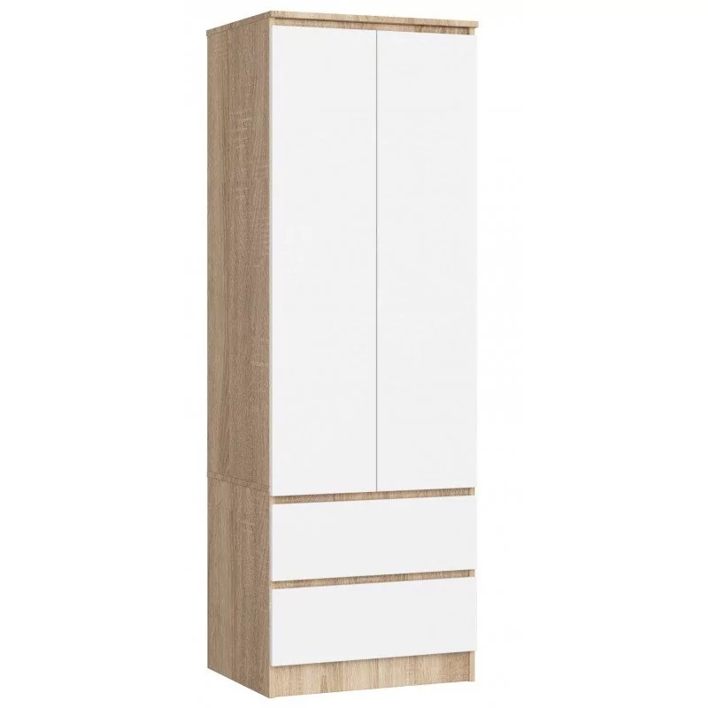 Szafa AKORD S60 Dąb Sonoma 60 cm - 2 drzwi, 2 szuflady, fronty kolor Biały, mat, 1 półka - 60x51x180 cm