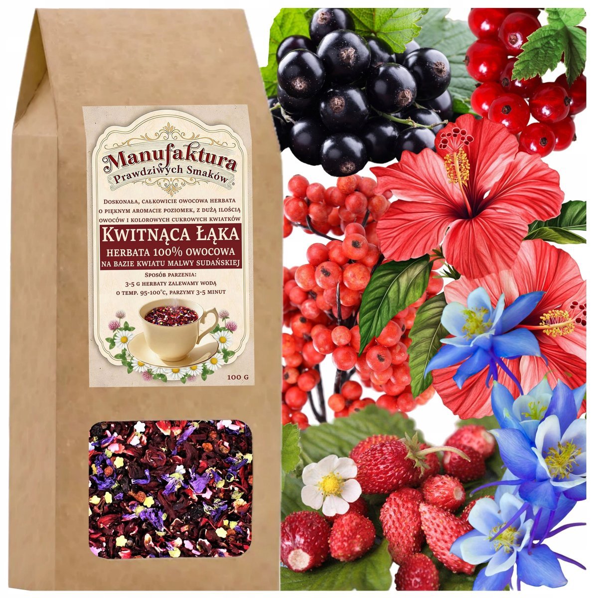 HERBATA OWOCOWA KWITNĄCA ŁĄKA 100g HIBISKUS CZERWONA PORZECZKA JARZĘBINA