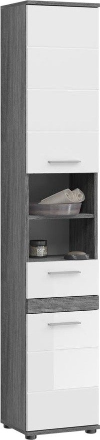 Blake wysoka szafka łazienkowa 2 drzwi, 1 szuflada, 2 półki wysoki połysk biały,przydymionego.