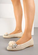 Baleriny - Beżowe Szydełkowe Balerinki z Kwiatową Aplikacją z Cyrkoniami Maitria - miniaturka - grafika 1