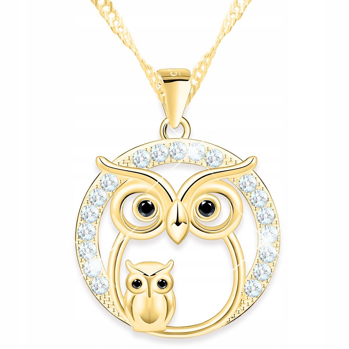 Złoty Naszyjnik Kółko z Sową Kryształki Czarna Cyrkonia Sówka SREBRO 925