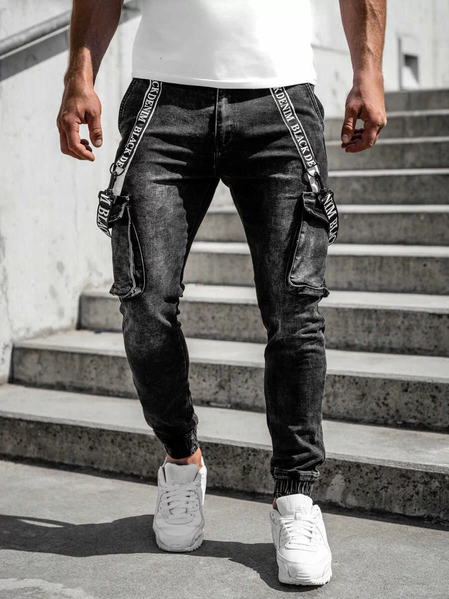 Czarne spodnie jeansowe joggery bojówki męskie z szelkami Denley KA6751 -  Ceny i opinie na Skapiec.pl