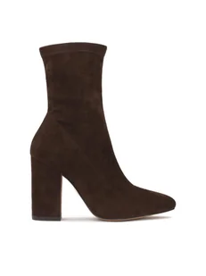 Ciemnobrązowe botki z tkaniny na słupku - Botki damskie - miniaturka - grafika 1