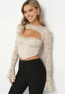 Bluzki damskie - Beżowa Koronkowa Bluzka z Rozszerzanymi Rękawami i Wycięciem przy Dekolcie Selsia - miniaturka - grafika 1