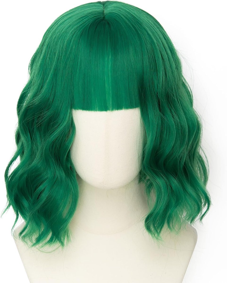 Luxiremi Peruki zielone, 30 cm, krótkie, do ramion, kręcone, falowane, bob z grzywką, syntetyczne peruki do cosplay, dla kobiet, na karnawał