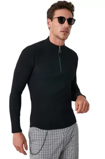 Bluzy męskie - Trendyol Męska bluza z obrożą stojącą, gładka, wąska bluza, Czarny, S - grafika 1