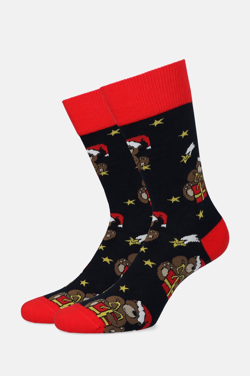 Skarpety Świąteczne Granatowo-Czerwone W Misie I Gwiazdki