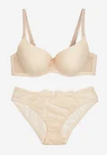 Komplety bielizny - Jasnobeżowy Koronkowy Komplet Biustonosz i Figi Ozdobione Kokardą Iririth - miniaturka - grafika 1