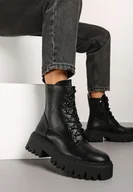 Botki damskie - Czarne Sznurowane Płaskie Botki w Stylu Workerów z Ociepleniem Beriana - miniaturka - grafika 1