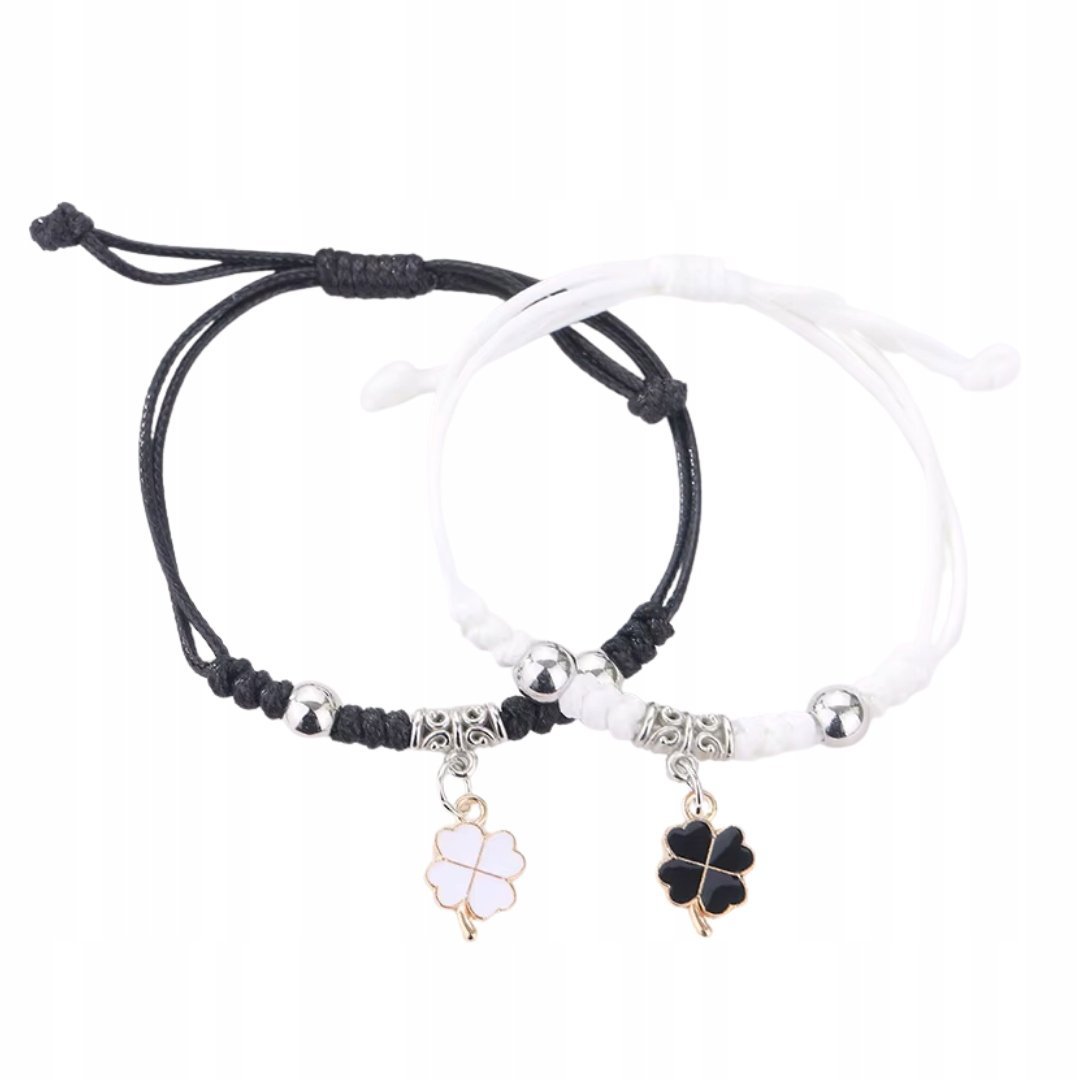 Bransoletki Przyjaźni Regulowane Koniczynki Czarna i Biała Zestaw 2 sztuki