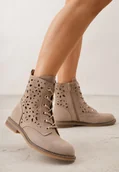 Botki damskie - Ciemnobeżowe Skórzane Botki z Ażurowym Wzorem Kasona - miniaturka - grafika 1