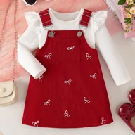 Sukienki i spódniczki dla dziewczynek - TEMU Dziewczęca bluzka w jednolitym kolorze z prążkowanym rękawem i falbankami + sztruksowa sukienka na ramiączkach z kokardką na Boże Narodzenie, na - miniaturka - grafika 1
