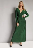 Sukienki - Zielona Rozkloszowana Błyszcząca Sukienka Maxi z Głębokim Dekoltem i Marszczeniem w Talii Nizetta - miniaturka - grafika 1