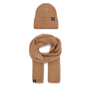 Zestaw Szalik i Czapka Calvin Klein Jeans Monogram Rib Scarf Beanie Set IU0IU00638 Brązowy - Czapki damskie - miniaturka - grafika 1