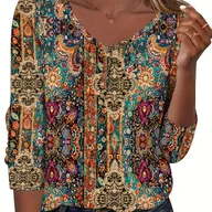 Koszule damskie - TEMU Damska Bluzka w Stylu Boho z Dekoltem w Serek i Guzikami - Luźny Fason z Długim Rękawem, Wzór w Kolorach Turkusowym, Pomarańczowym, Czerwonym, - miniaturka - grafika 1