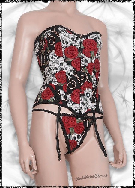 Komplet gorset i stringi - SKULLS & ROSES -S