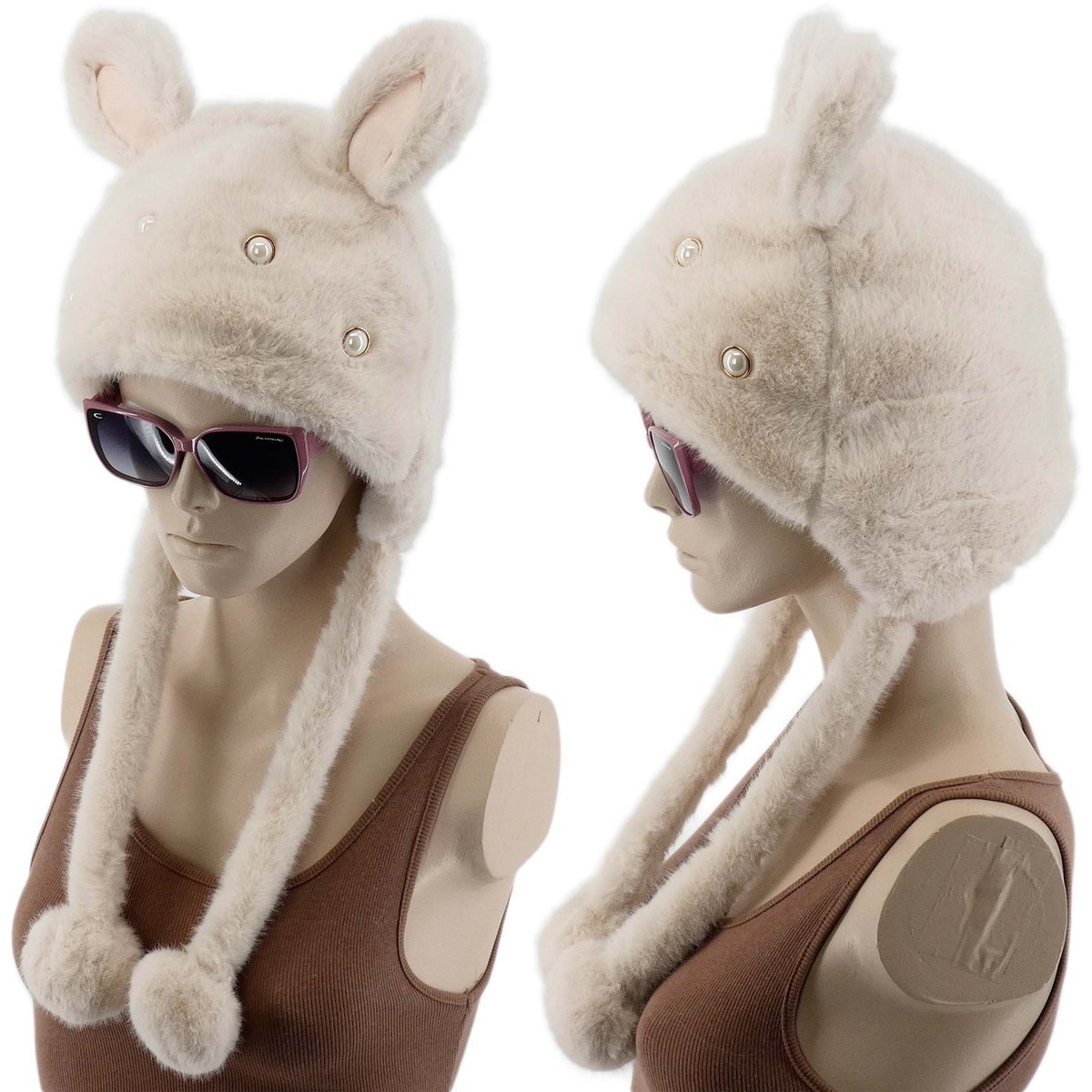 Ciepła Zimowa Czapka Kobieca Z Futerkiem Beżowa Kotki Kocie Uszka Pompony