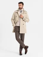 Kurtki męskie - Elegancki męski płaszcz trencz SLIM FIT z paskiem beżowy V1 OM-COSC-0126 XXL - miniaturka - grafika 1
